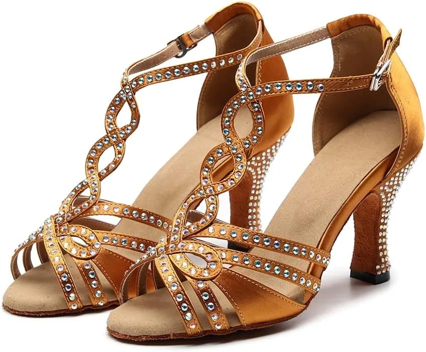 TDA Women's Flared Heel Satin Rhinestones T-Strap Tango Salsa Prom Latin Modern Wedding Praty Dance Sandals