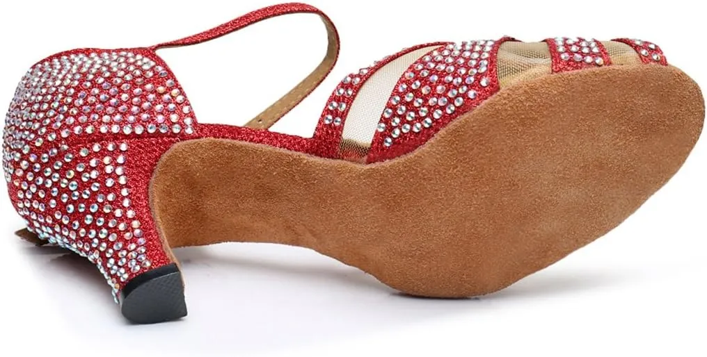 TDA Women's Mid Heels Glitter Crystals Synthetic Mesh Salsa Tango Samba Rumba Modern Latin Dance Shoes