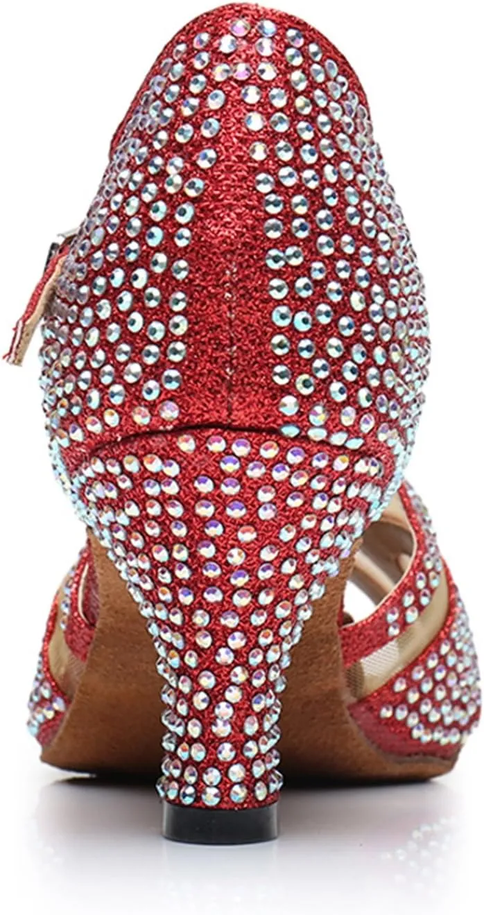 TDA Women's Mid Heels Glitter Crystals Synthetic Mesh Salsa Tango Samba Rumba Modern Latin Dance Shoes