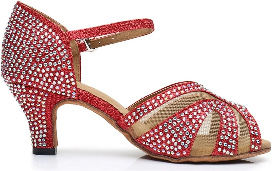 TDA Women's Mid Heels Glitter Crystals Synthetic Mesh Salsa Tango Samba Rumba Modern Latin Dance Shoes