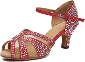TDA Women's Mid Heels Glitter Crystals Synthetic Mesh Salsa Tango Samba Rumba Modern Latin Dance Shoes