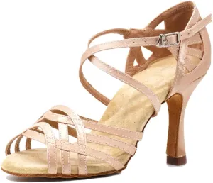 TDA Women's Peep Toe Flared Heel Satin Salsa Tango Latin Modern Dance Shoes Wedding Praty Sandals