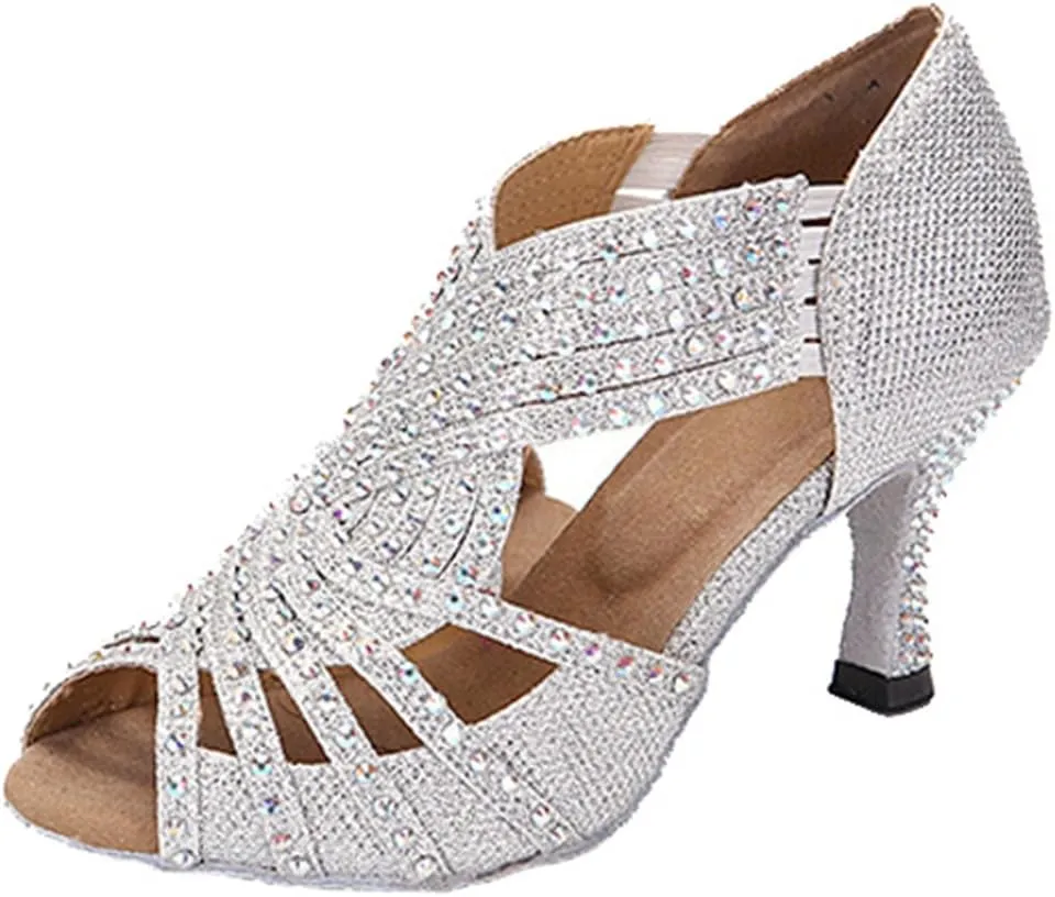 TDA Womens Zipper & Slip-on Flared Heel Glitter Crystals Latin Modern Salsa Tango Ballroom Wedding Dance Shoes