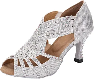 TDA Womens Zipper & Slip-on Flared Heel Glitter Crystals Latin Modern Salsa Tango Ballroom Wedding Dance Shoes
