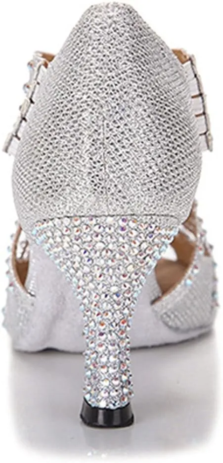 TDA Womens Zipper & Slip-on Flared Heel Glitter Crystals Latin Modern Salsa Tango Ballroom Wedding Dance Shoes