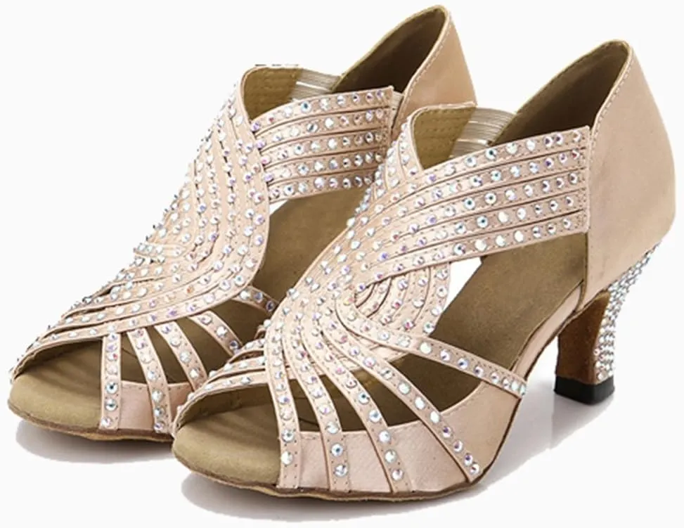 TDA Womens Zipper & Slip-on Flared Heel Glitter Crystals Latin Modern Salsa Tango Ballroom Wedding Dance Shoes