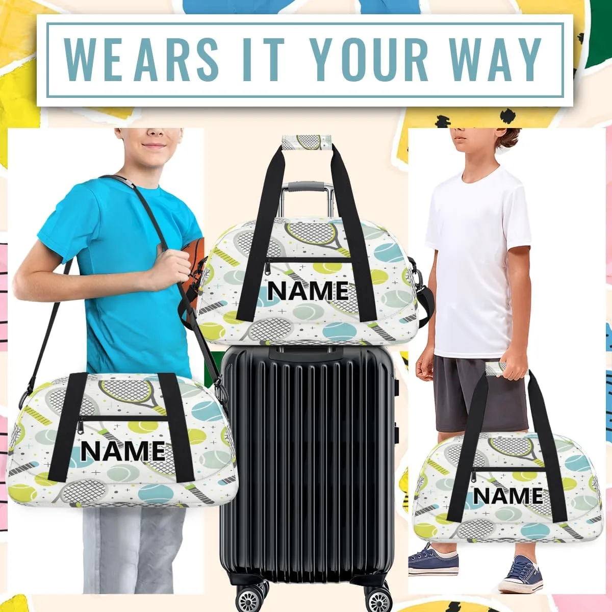 Tennis Custom Small Gym Bag 18 inch for Women Men Personalized Tennis Carry On Overnight Weekender Bag for Travel Work Dance Sport