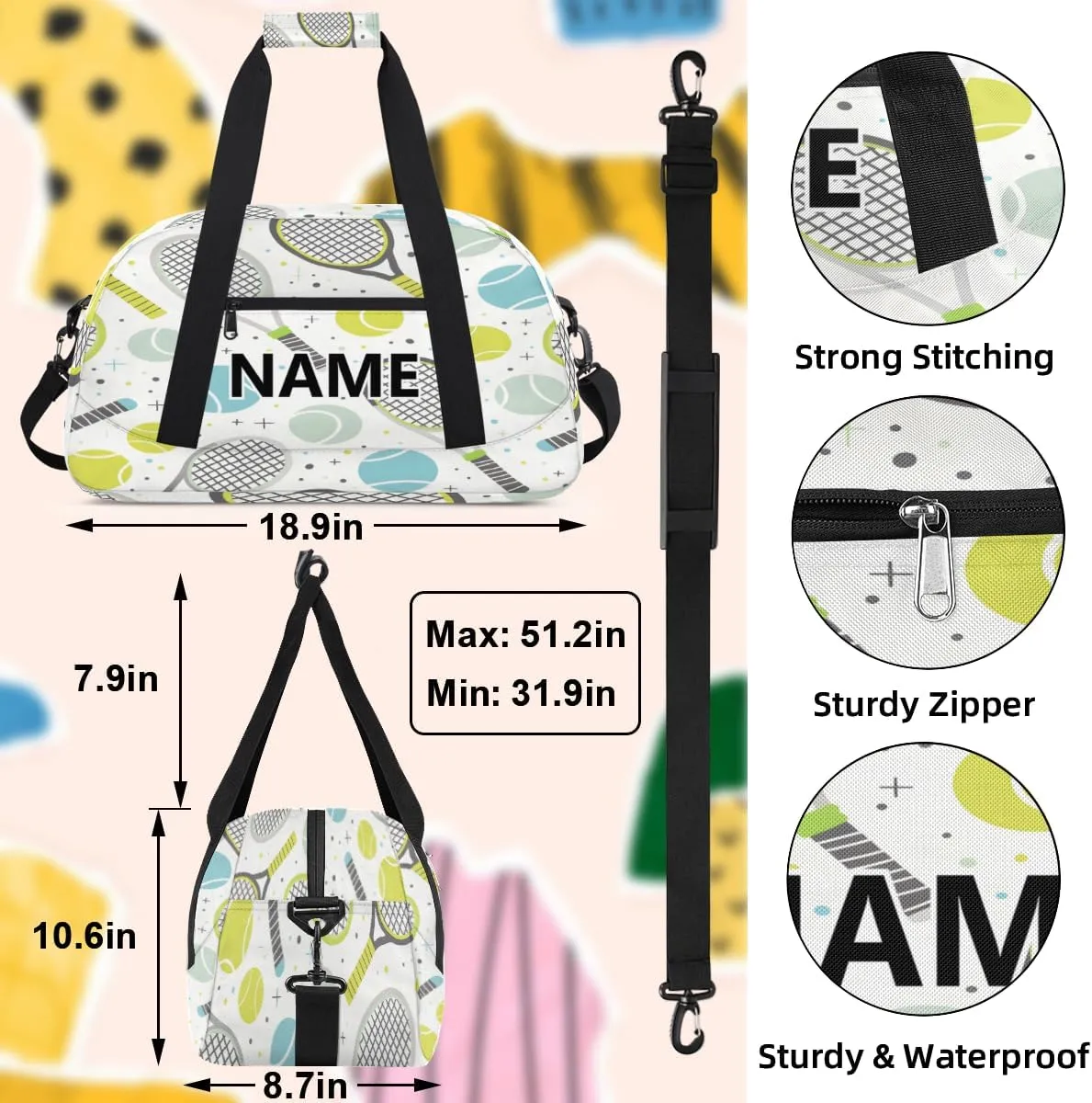 Tennis Custom Small Gym Bag 18 inch for Women Men Personalized Tennis Carry On Overnight Weekender Bag for Travel Work Dance Sport