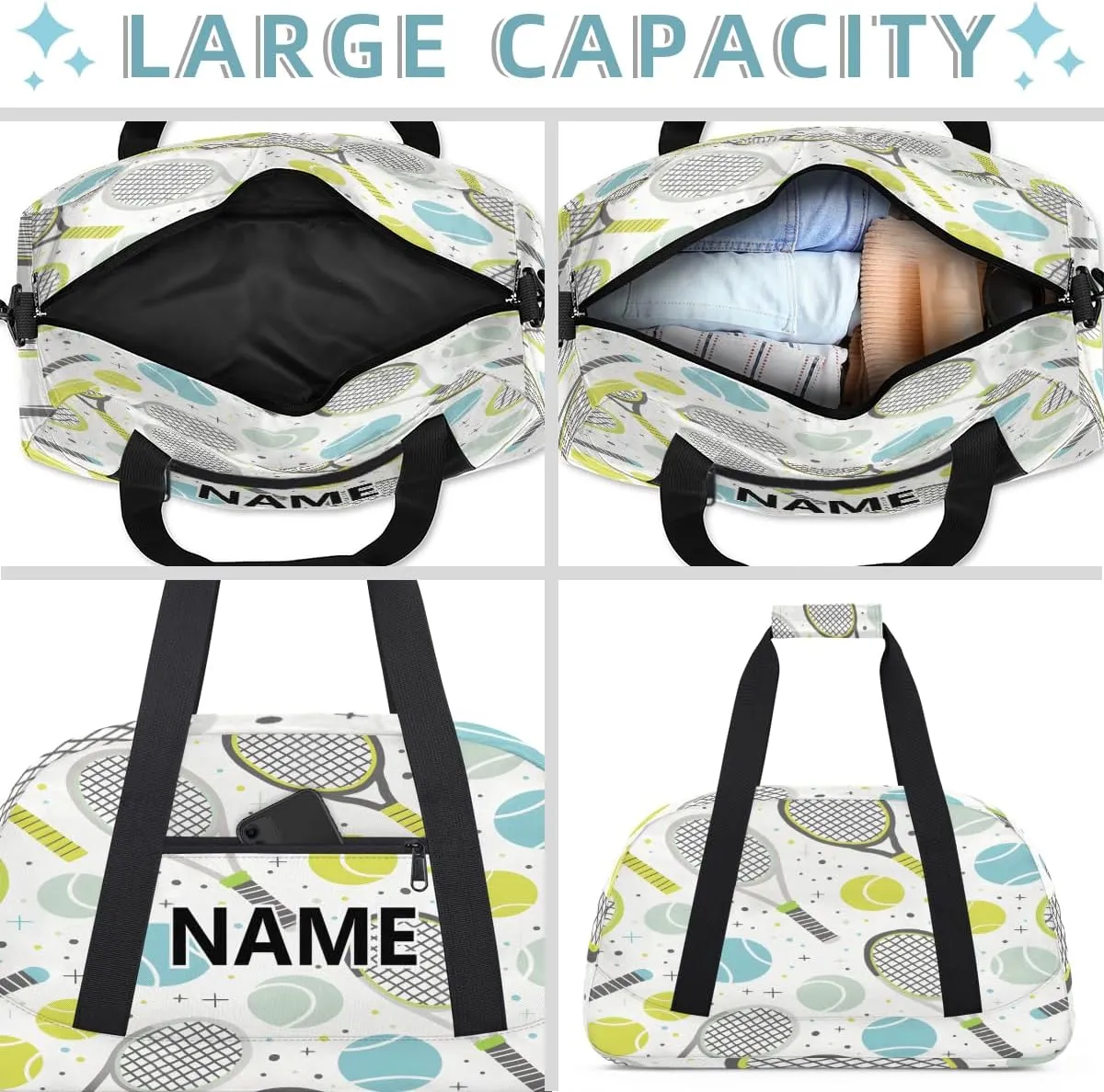 Tennis Custom Small Gym Bag 18 inch for Women Men Personalized Tennis Carry On Overnight Weekender Bag for Travel Work Dance Sport