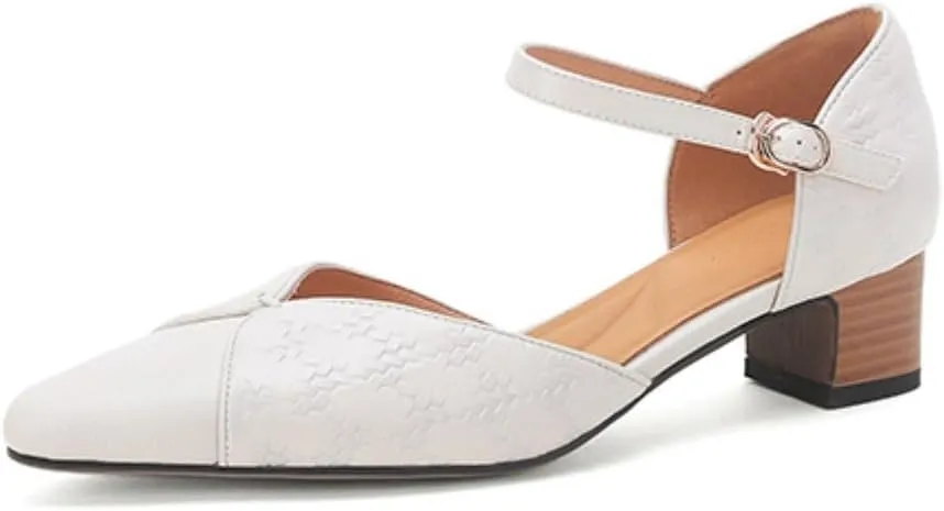 TinaCus Embossed Genuine Leather Women's Pointed Toe Handmade Chunky Heels Pumps Shoes with Belt Buckle
