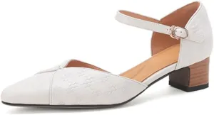 TinaCus Embossed Genuine Leather Women's Pointed Toe Handmade Chunky Heels Pumps Shoes with Belt Buckle