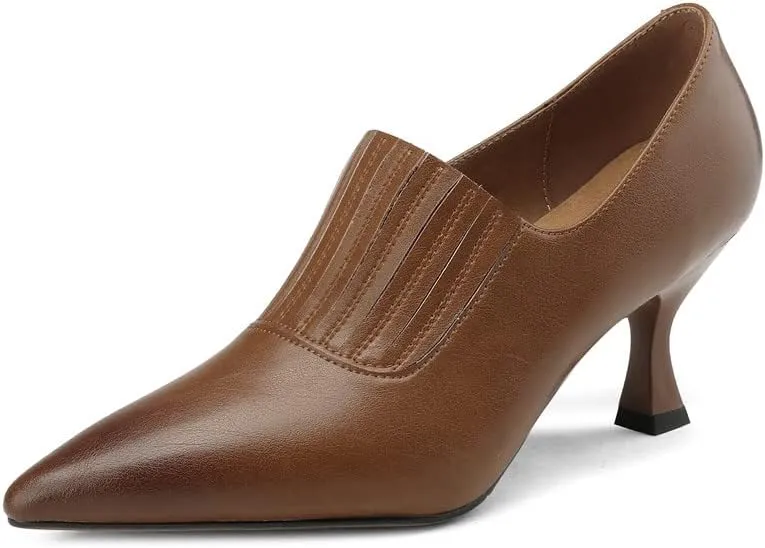 TinaCus Genuine/Suede Leather Handmade Pointed Toe Mid Spool Heels Women's Casual Pumps Shoes