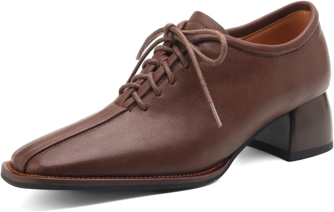 TinaCus Square Toe Genuine Leather Handmade Low Chunky Heels Women's Selftie Oxfords Shoes