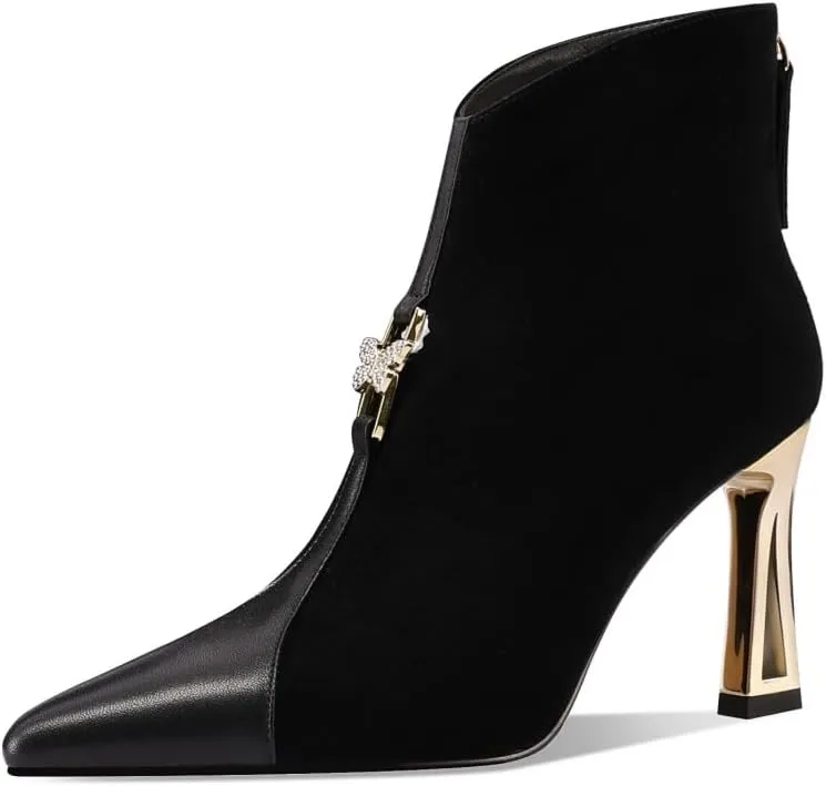 TinaCus Suede & Genuine Leather Women's Cap Toe Handmade High Heels Zip up Trendy Ankle Boots