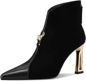 TinaCus Suede & Genuine Leather Women's Cap Toe Handmade High Heels Zip up Trendy Ankle Boots