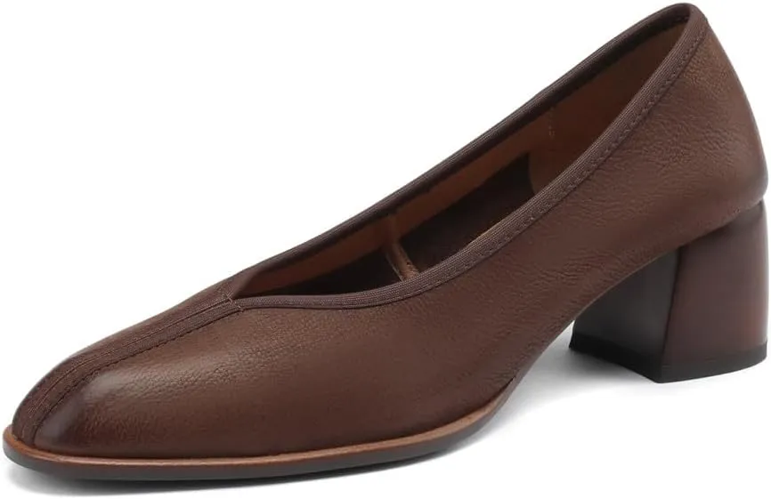 TinaCus Women's Round Toe Genuine Leather Handmade Chunky Heels Office Lady Pumps Shoes
