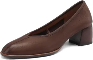 TinaCus Women's Round Toe Genuine Leather Handmade Chunky Heels Office Lady Pumps Shoes