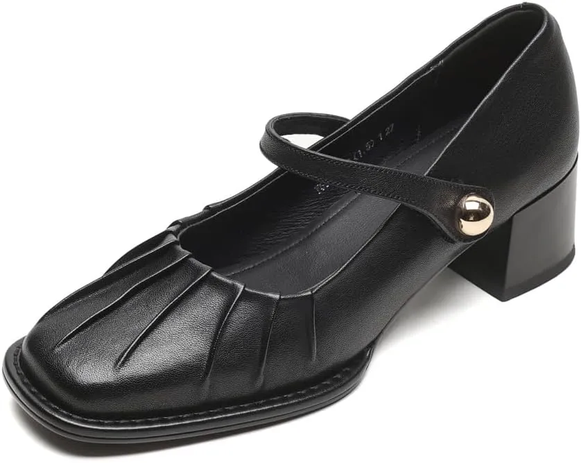 TinaCus Women's Round Toe Pleated Genuine Leather Handmade Chunky Heels Mary Jane Shoes
