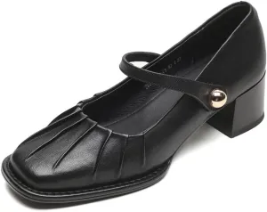 TinaCus Women's Round Toe Pleated Genuine Leather Handmade Chunky Heels Mary Jane Shoes