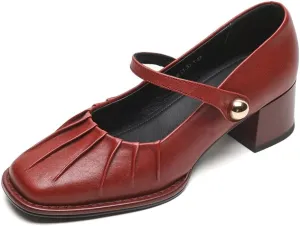 TinaCus Women's Round Toe Pleated Genuine Leather Handmade Chunky Heels Mary Jane Shoes