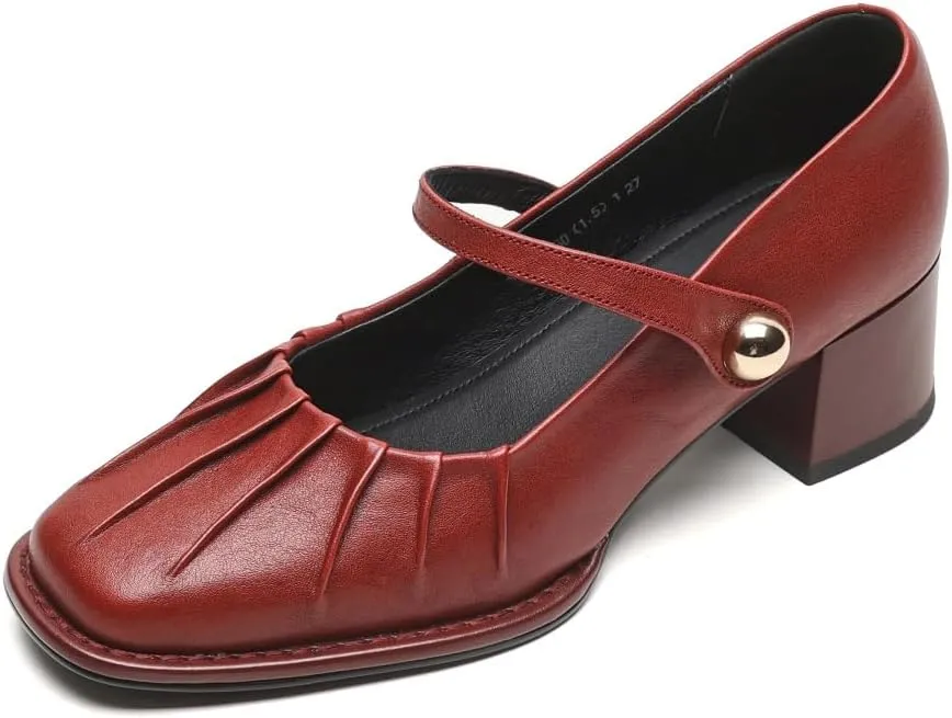 TinaCus Women's Round Toe Pleated Genuine Leather Handmade Chunky Heels Mary Jane Shoes