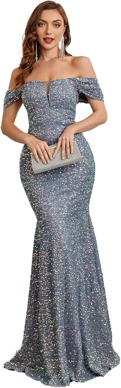 TOLEEN Women's Formal Sequin Bodycon Long Sleeve Prom Dresses Elegant Evening Party Maxi Dresses