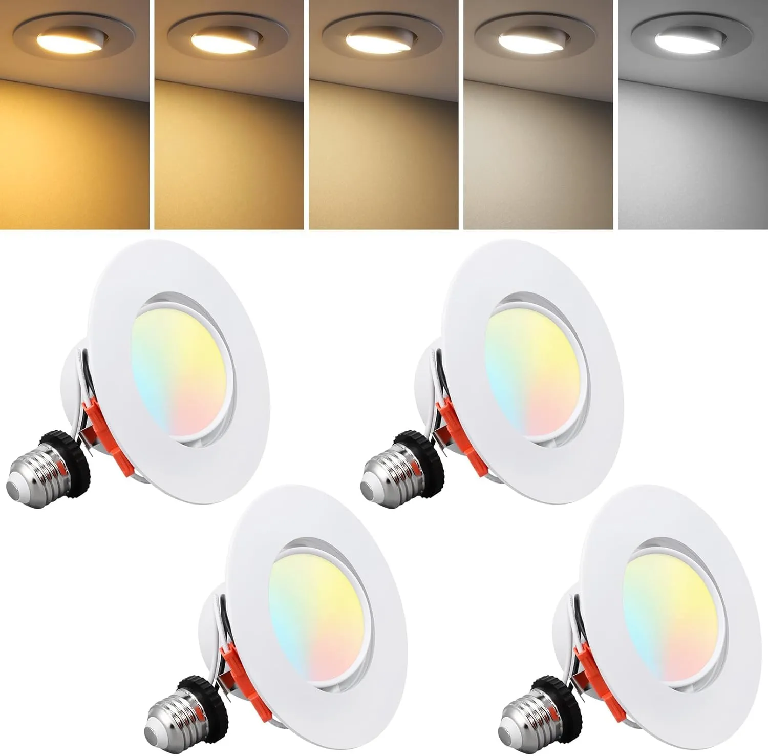TORCHSTAR 4 Inch 5CCT Retrofit LED Gimbal Recessed Light, Dimmable Adjustable LED Downlight, CRI90 , 10W Swivel Directional Eyeball Lighting, Adjustable Recessed Can Light, ETL Listed, Pack of 4