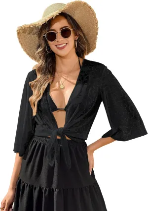 Totatuit Womens Sheer Shrug Tie Front Bell Sleeve Summer Cropped Bolero Cardigan