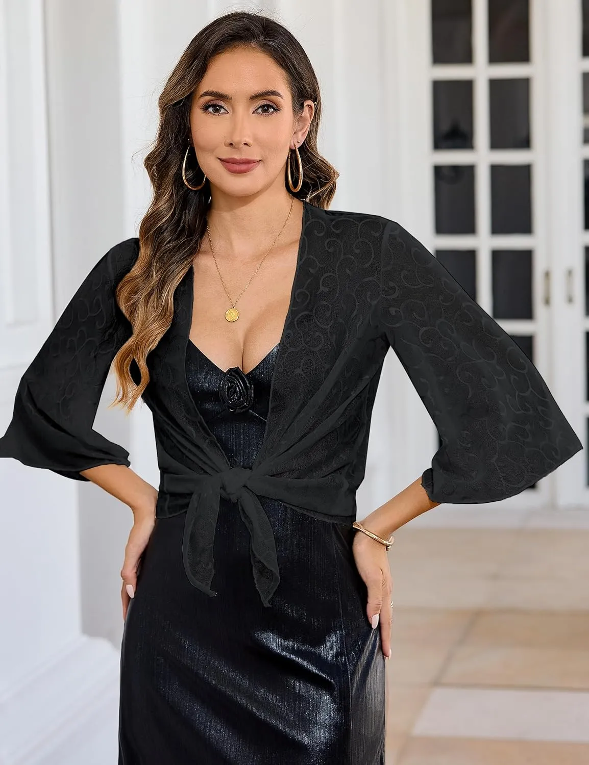 Totatuit Womens Sheer Shrug Tie Front Bell Sleeve Summer Cropped Bolero Cardigan