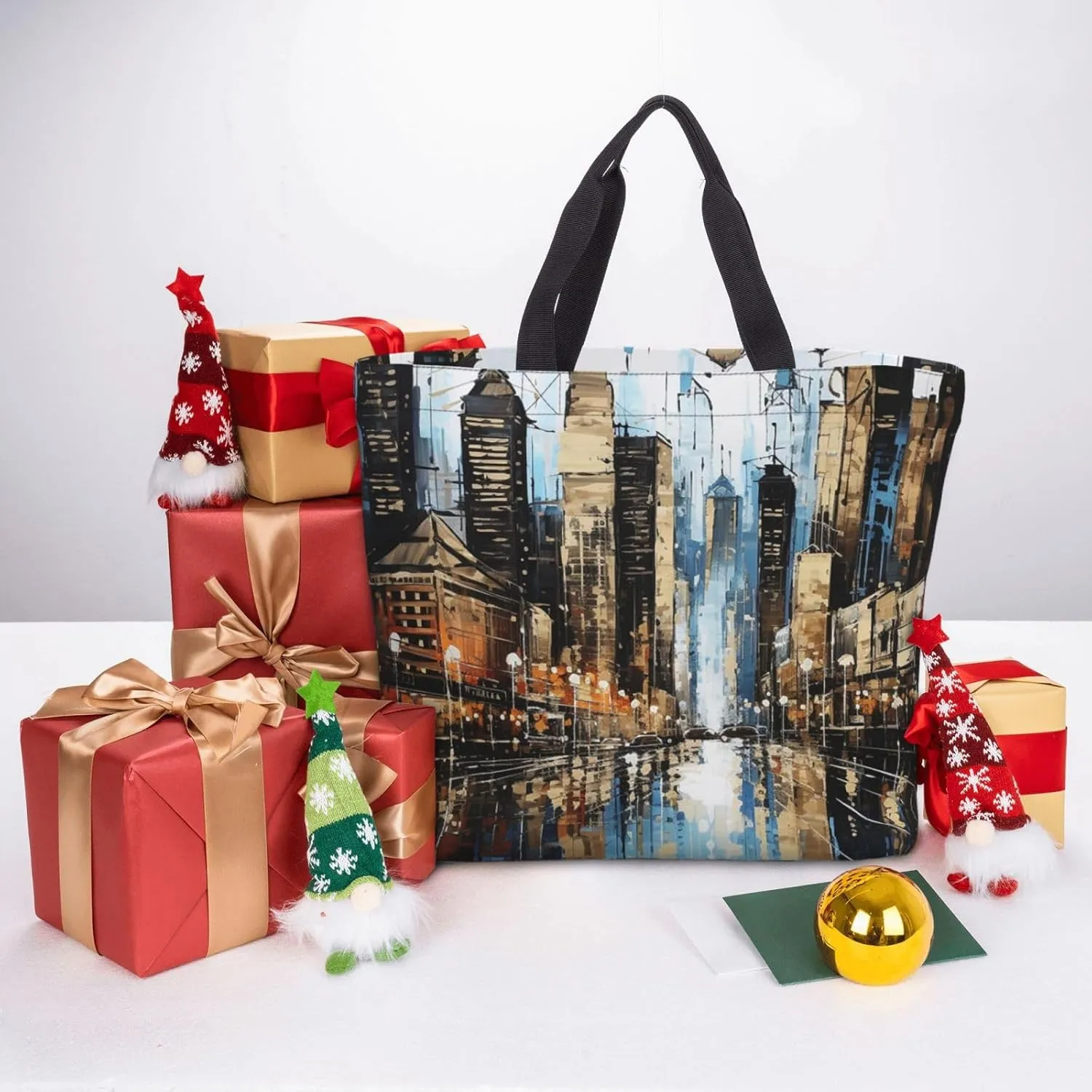 Tote Bag for Women City Scenery Shoulder Bag with Zipper Handbag Large Capacity Reusable Grocery Bag