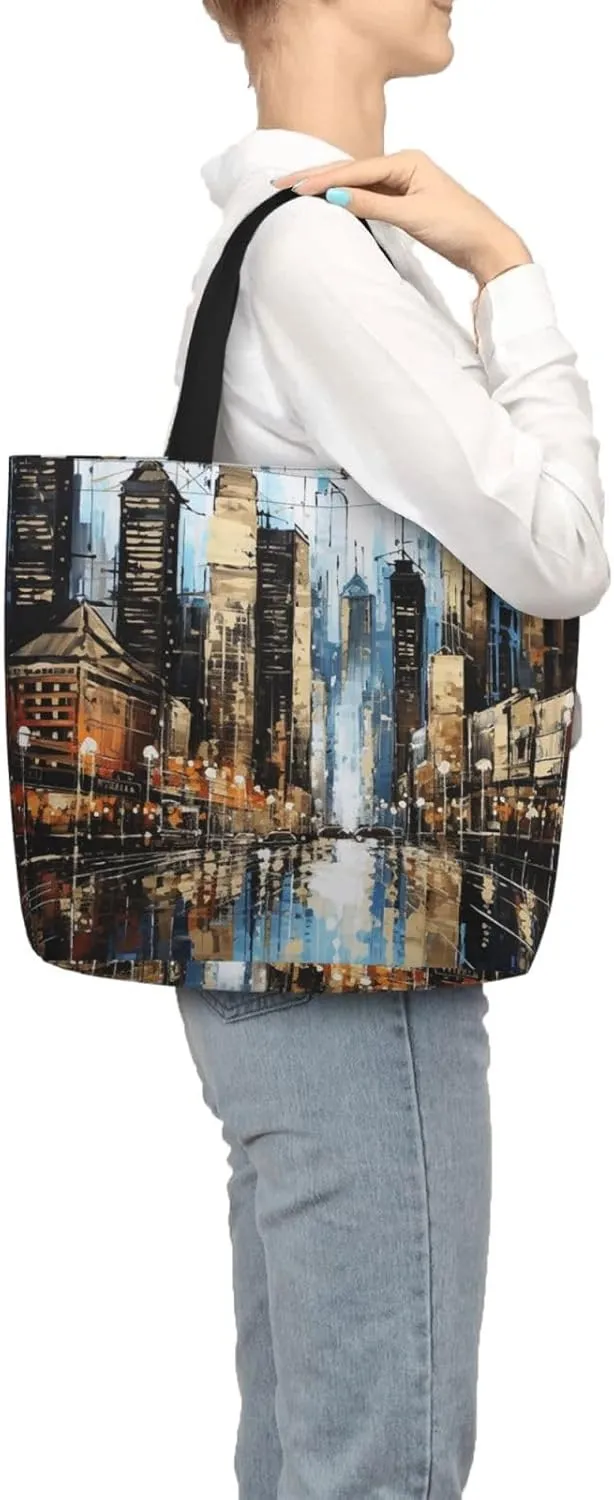Tote Bag for Women City Scenery Shoulder Bag with Zipper Handbag Large Capacity Reusable Grocery Bag
