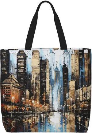 Tote Bag for Women City Scenery Shoulder Bag with Zipper Handbag Large Capacity Reusable Grocery Bag