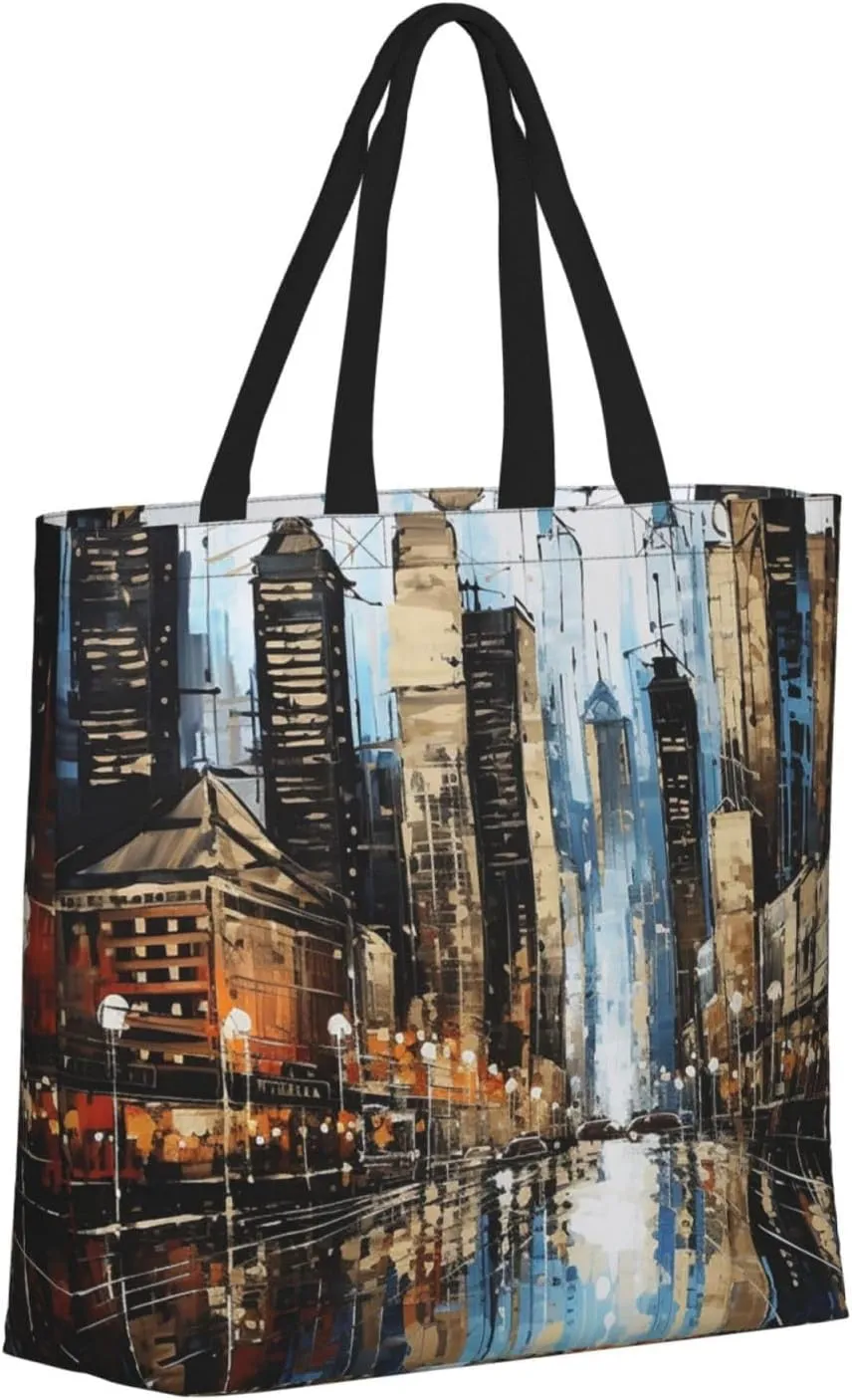 Tote Bag for Women City Scenery Shoulder Bag with Zipper Handbag Large Capacity Reusable Grocery Bag