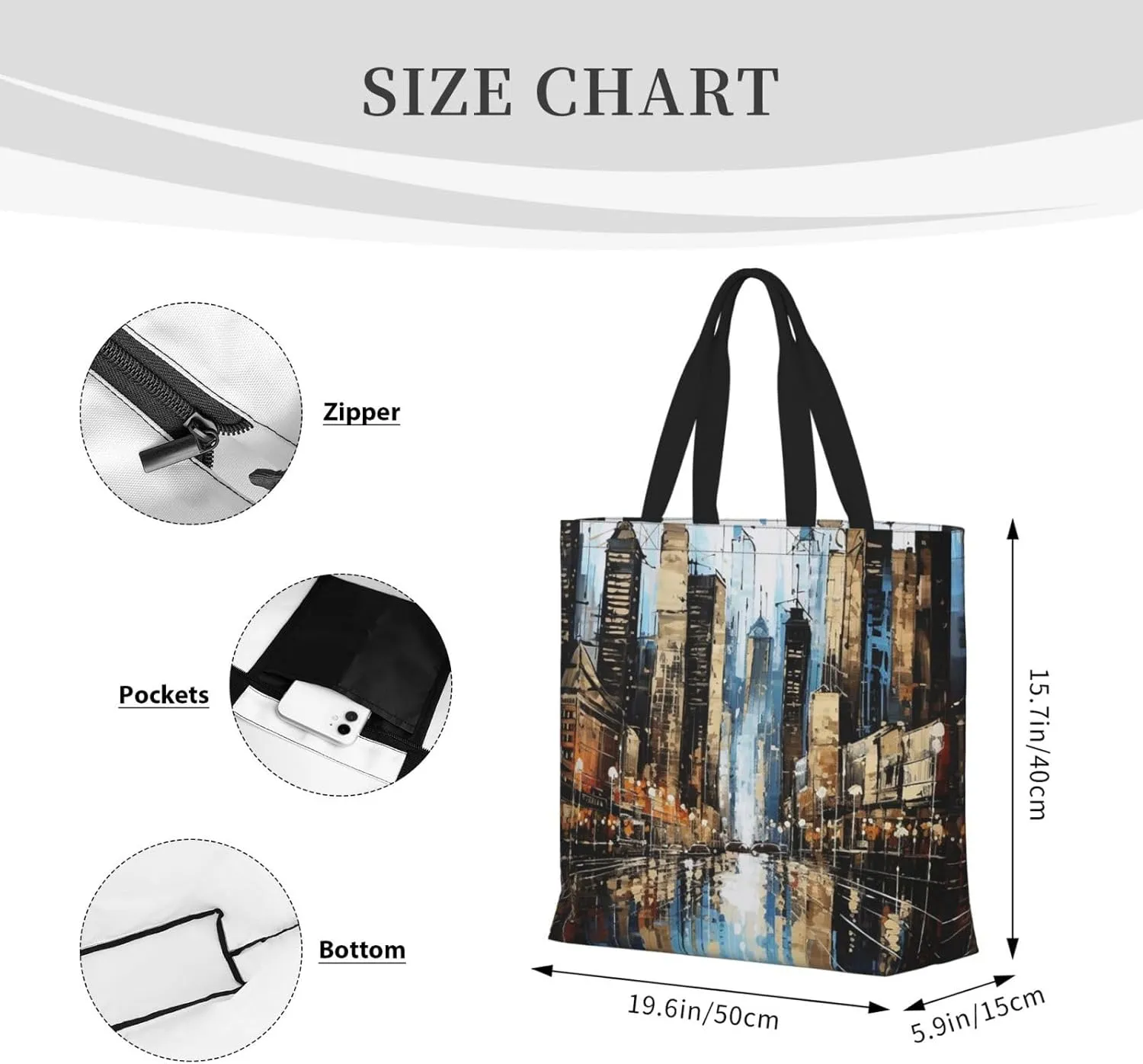 Tote Bag for Women City Scenery Shoulder Bag with Zipper Handbag Large Capacity Reusable Grocery Bag
