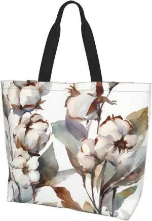 Tote Bag for Women Grocery Bag Reusable Aesthetic Shopping Bags Twigs and Cotton Flowers Vintage Watercolor Beach Handbag