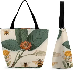 Tote Bag for Women Shoulder Bag Vintage Botanical Bee Illustration Handbags for Travel Work Beach Bag