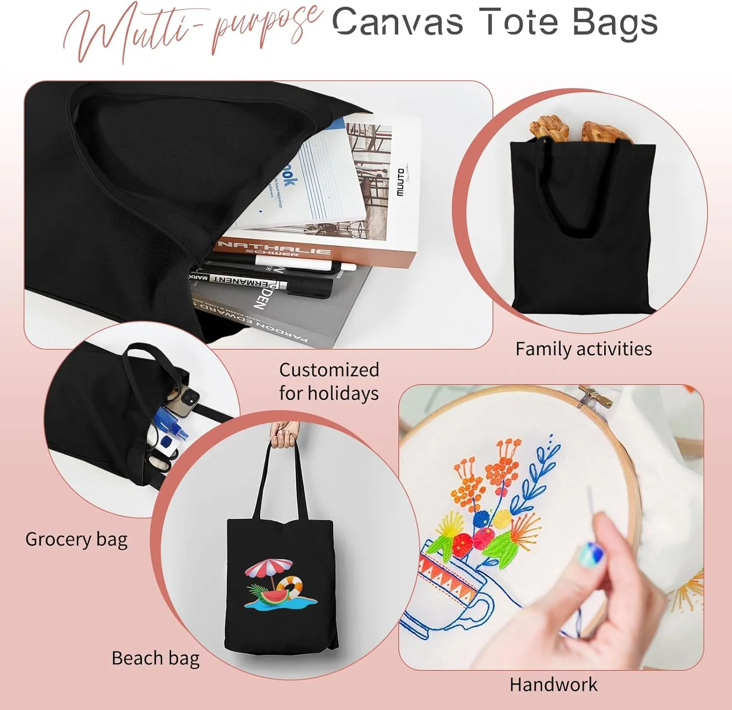 Tote Bag,Lightweight Blank Bulk Canvas Bags,Reusable Grocery Shopping Cloth bags for DIY, Promotion