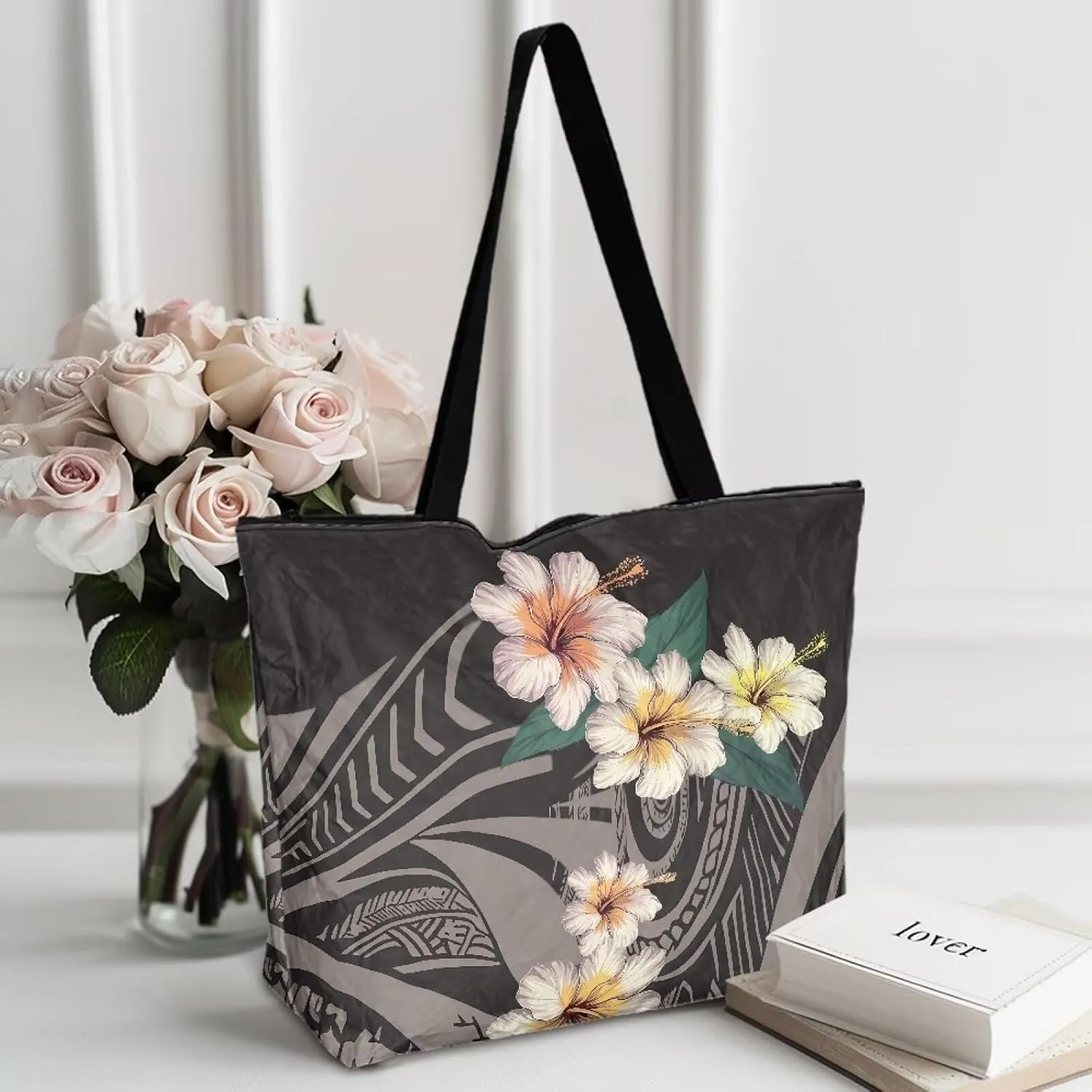 Tote Paper Bag USA Flag Shoulder Bag with Zippers, Jeans Pocket Puppy Large Shopping Beach Bags Handle Book Tote
