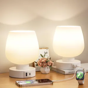 Touch Table Lamp for Nightstand Set of 2 - Bedside Lamp with USB C A Charging Ports for Bedroom Living Room Night Stands, Desk Lamp with White Glass Shade for Small Spaces, 3 Way Dimmable