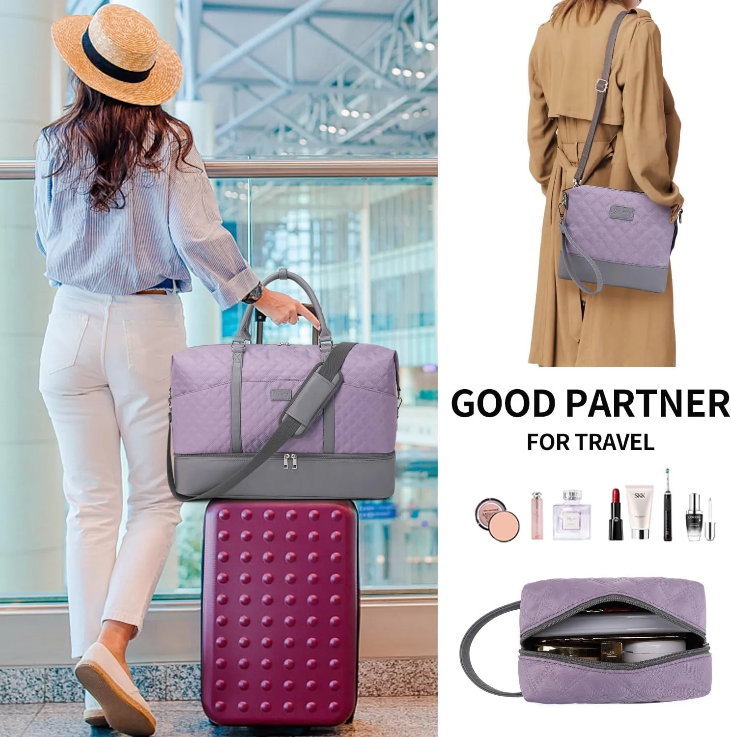 Travel Bag for Women: 21" Large Weekender Bags for Women with Shoe Compartment & Toiletry Bags, 3PCS Overnight Duffel Tote for Carry on Weekend Travel Business Trip Airplane Traveling, Gym