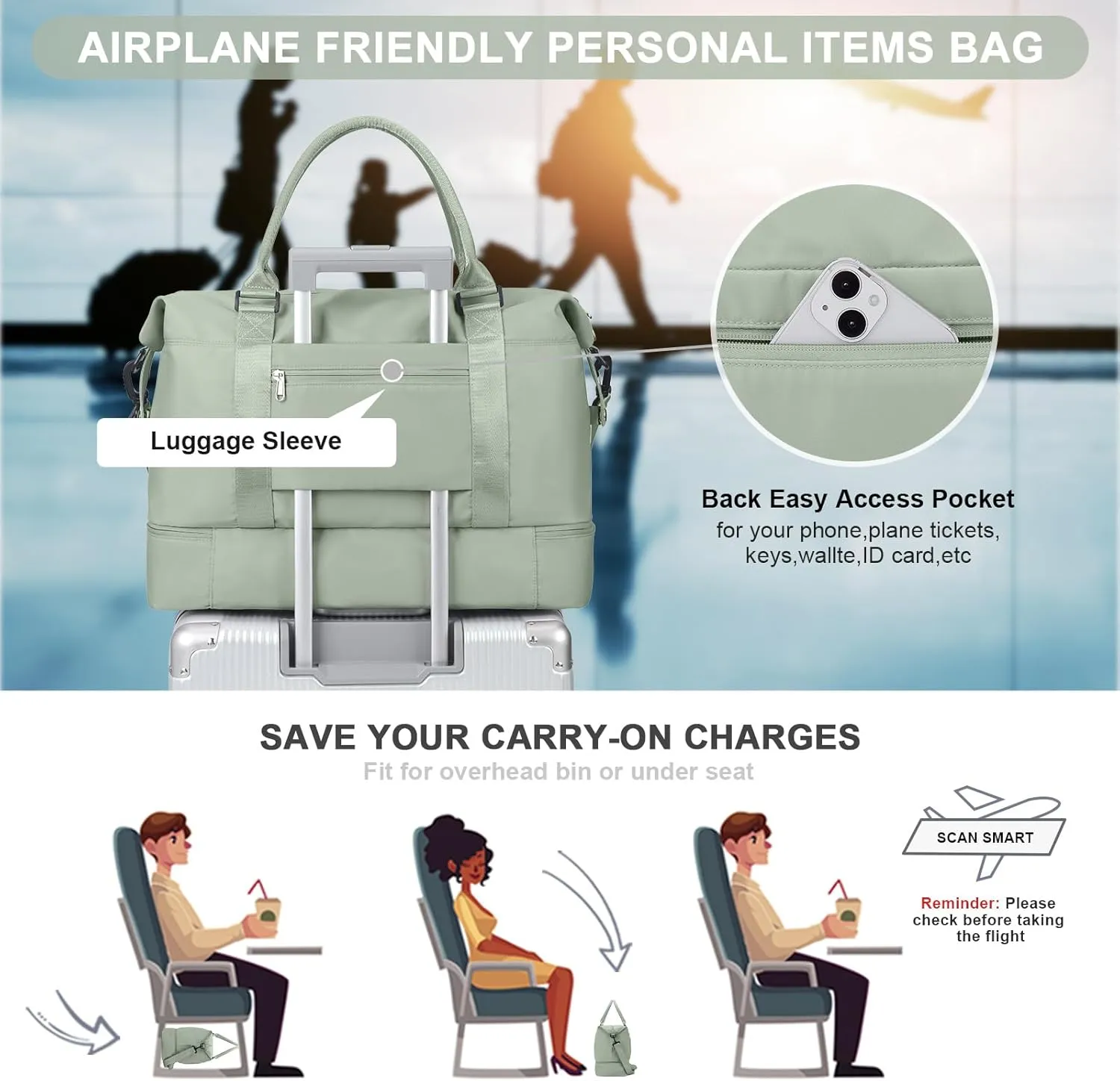 Travel Bag with Shoes Compartment,Weekender Bags for Women Travel,Carry On Duffel Overnight Bag with Trolley Sleeve & Wet Pocket,Travel tote Bag Sports Gym Bag