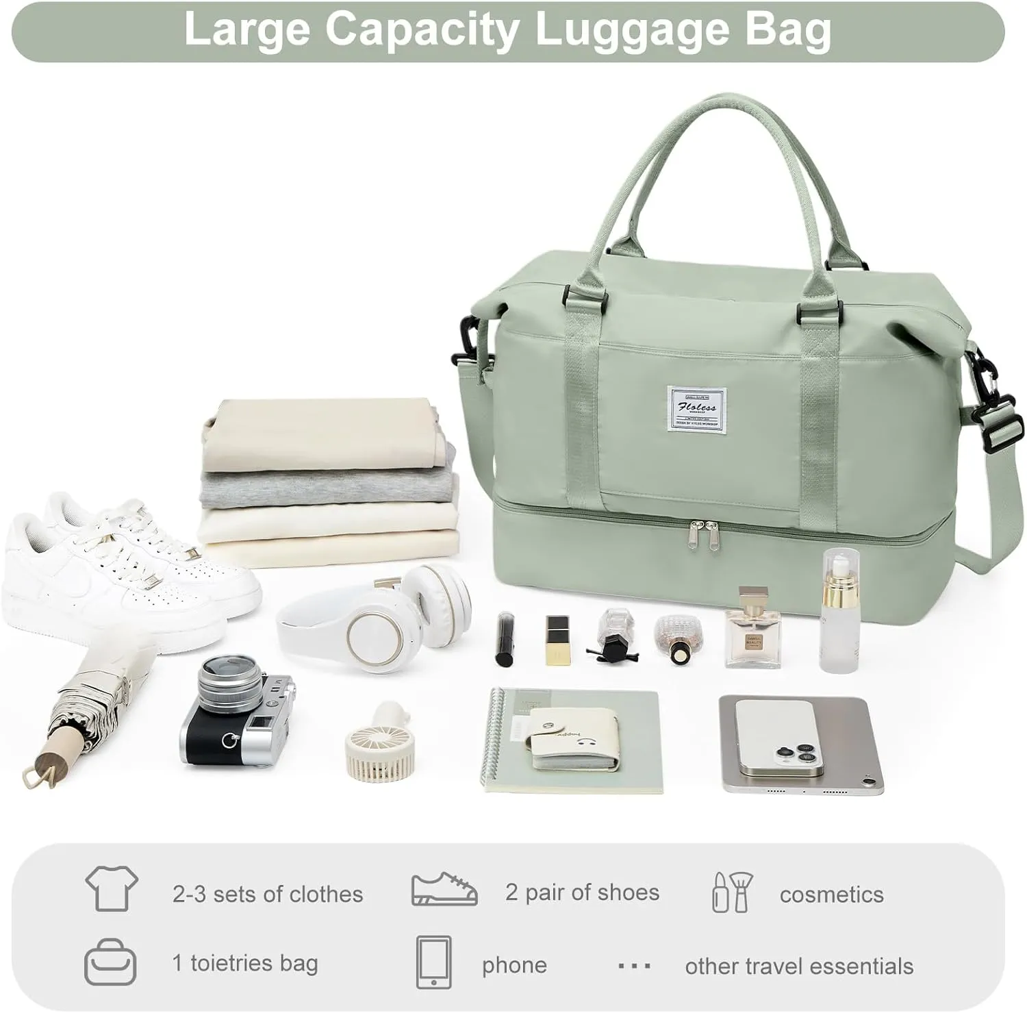 Travel Bag with Shoes Compartment,Weekender Bags for Women Travel,Carry On Duffel Overnight Bag with Trolley Sleeve & Wet Pocket,Travel tote Bag Sports Gym Bag