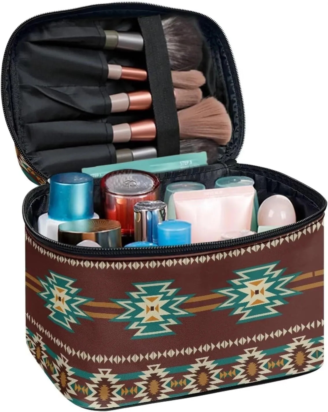 Travel Cosmetic Bag Aztec Brown Printed Multifunctional Makeup Organizer Bag for Ladies Teens Lightweight Makeup Pouch Plenty of Room
