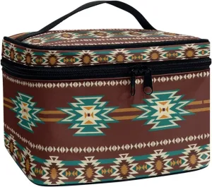 Travel Cosmetic Bag Aztec Brown Printed Multifunctional Makeup Organizer Bag for Ladies Teens Lightweight Makeup Pouch Plenty of Room