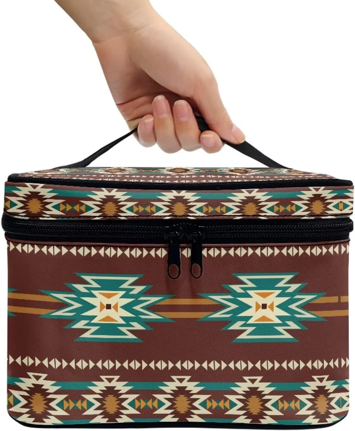 Travel Cosmetic Bag Aztec Brown Printed Multifunctional Makeup Organizer Bag for Ladies Teens Lightweight Makeup Pouch Plenty of Room