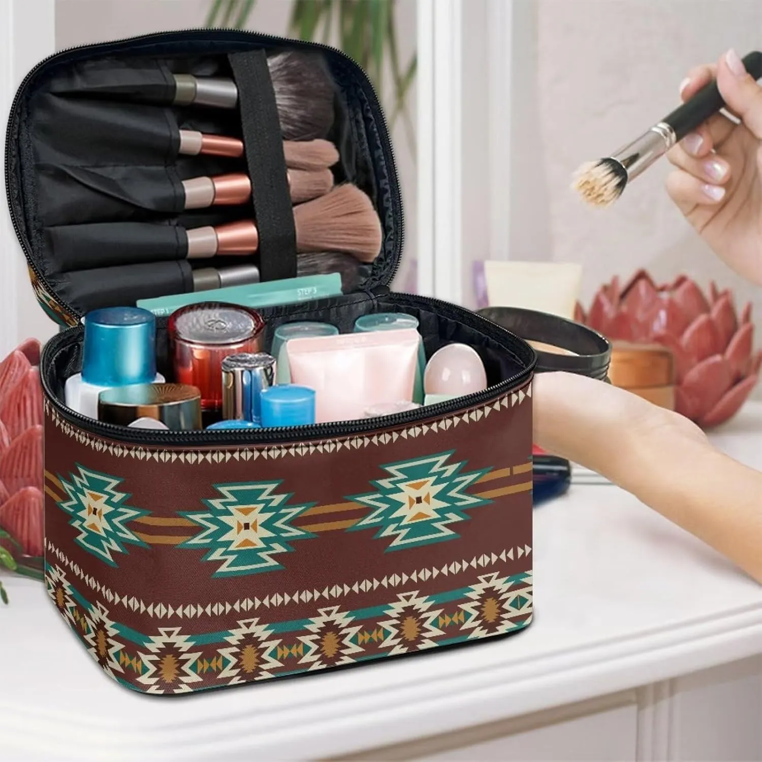 Travel Cosmetic Bag Aztec Brown Printed Multifunctional Makeup Organizer Bag for Ladies Teens Lightweight Makeup Pouch Plenty of Room
