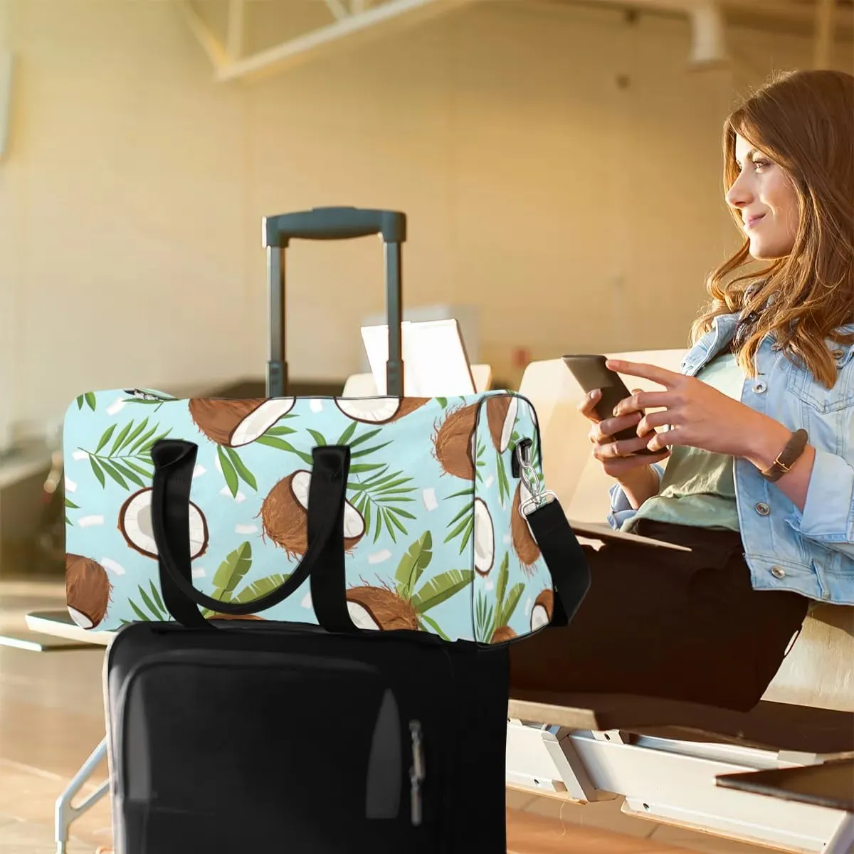 Travel Duffel Bag, Coconut Palm Leaves Sports Tote Gym Bag Foldable Western Aztec Weekender Bag Carry on Luggage Handle Bag Overnight Shoulder Bag for Women Men,A-1439