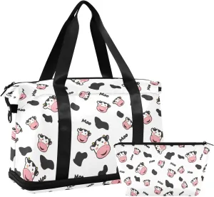 Travel Duffel Bag for Women Men Cute Cow Face Weekender Overnight Bags with Shoe Compartments Pink Lips and Text Moo Gym Duffel Bag with Toiletry Bag for Travel Sport Yoga 17 Inch