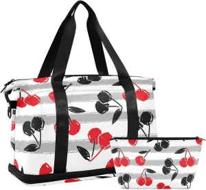 Travel Duffel Bag for Women Men Hand Drawn Cherry Weekender Overnight Bags with Shoe Compartments Sketch Berries Gym Duffel Bag with Toiletry Bag for Travel Sport Yoga 17 Inch