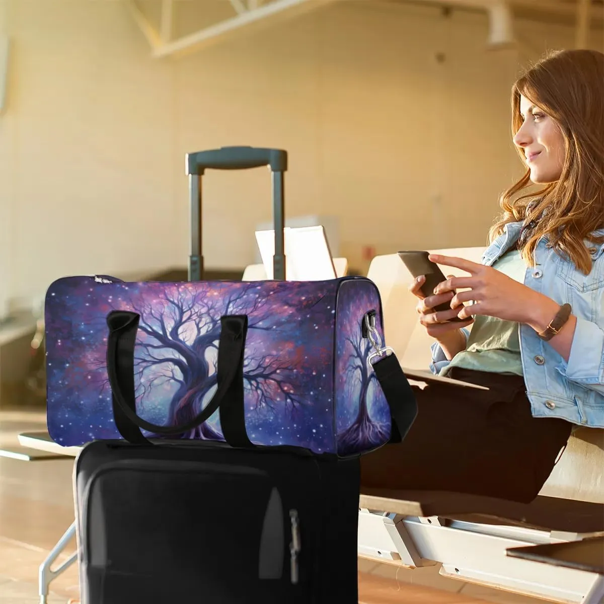 Travel Duffel Bag, Galaxy Starry Sky World Tree Sports Tote Gym Bag Foldable Western Aztec Weekender Bag Carry on Luggage Handle Bag Overnight Shoulder Bag for Women Men,A-280